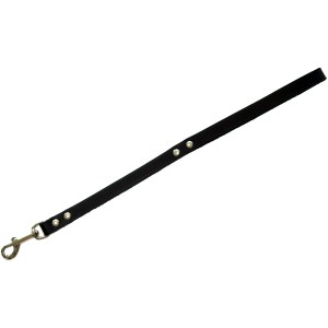 Schwarze Heim Hundeleine aus Softleder, 30 cm lang, mit silberfarbenen Nieten und Karabinerhaken.