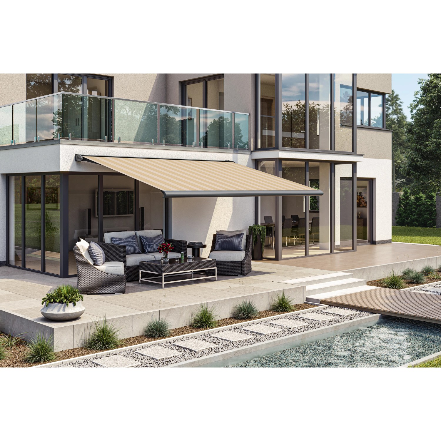 Beige Wismar Kassettenmarkise S-Compact, 200x150 cm, spendet Schatten auf Terrasse mit Gartenmöbeln.