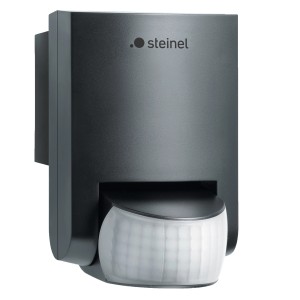 Schwarzer Steinel Bewegungsmelder IS 130-2 für Wandmontage, Nahansicht.