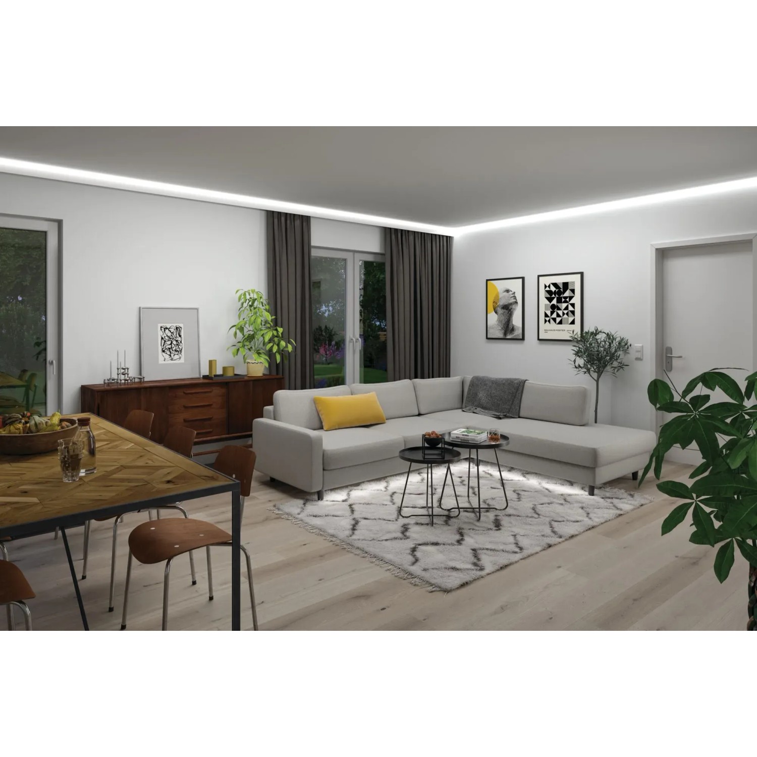 Wohnzimmer mit Paulmann LED-Strip MaxLED 1000 für tunable Beleuchtung an der Decke.