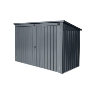 Anthrazitfarbene Zipper Mülltonnen-Box aus Metall für 3 Tonnen. Robuste Aufbewahrungsbox mit abschließbaren Türen.