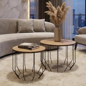 2er-Set Couchtische im Industrial Design: Metallgestell, Eiche-Furnier, platzsparend ineinanderstellbar.