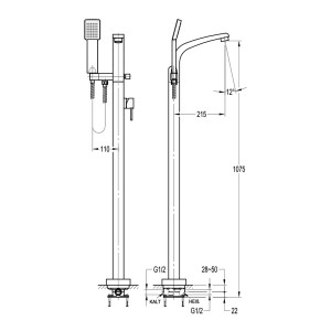 Technische Zeichnung: Freistehende Wannenarmatur GILA mit Handbrause und Maßen.