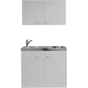 Respekta Miniküche Levin 100 cm mit Kochmulde und Oberschrank, weiße Fronten, Edelstahl Spüle.