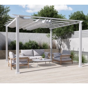 Weißer Pavillon Pergola Gazebo Florida mit Sonnensegel und Sitzgruppe im Garten.