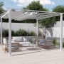 Weißer Pavillon Pergola Gazebo Florida mit Sonnensegel und Sitzgruppe im Garten.