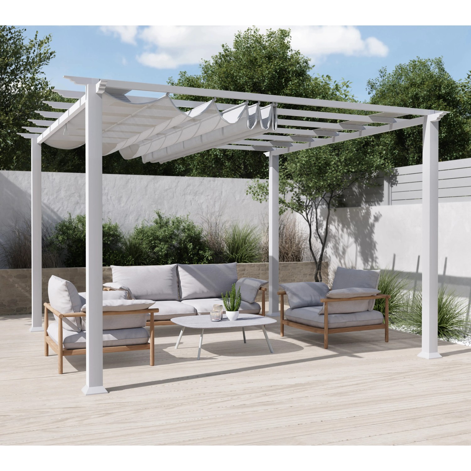 Weißer Pavillon Pergola Gazebo Florida mit Sonnensegel und Sitzgruppe im Garten.
