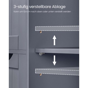 Detailaufnahme: Verstellbare Ablage im grauen Vasagle Badschrank. Flexibel in 3 Stufen positionierbar.