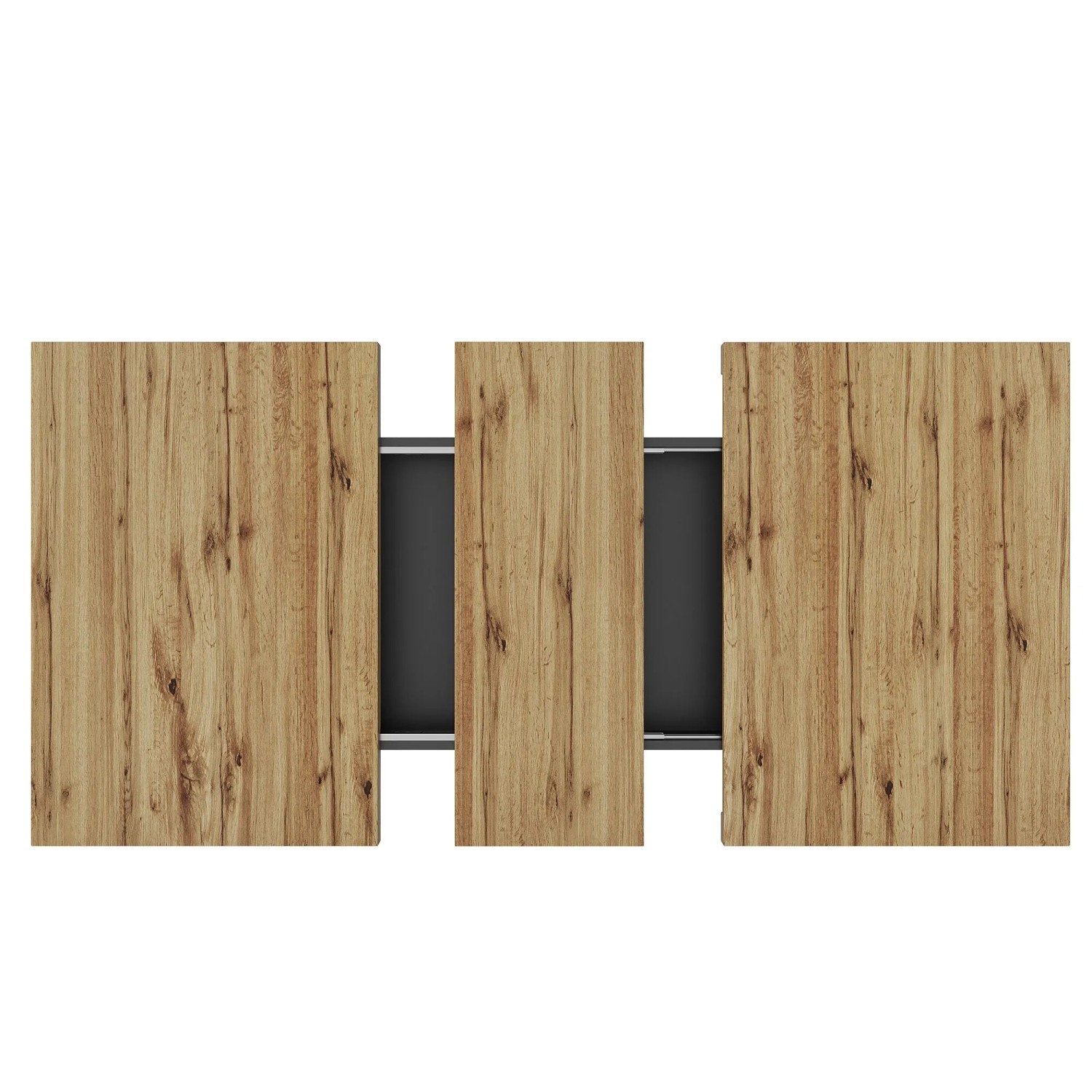 Ausziehbarer Esstisch: Holzoptik-Platten mit schwarzem Verlängerungsmechanismus, für flexible Größenanpassung.