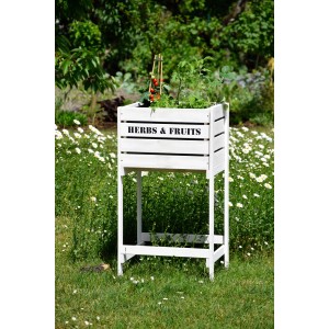 Weißes Dobar Hochbeet Obstkiste aus Holz mit Bepflanzung im Garten.