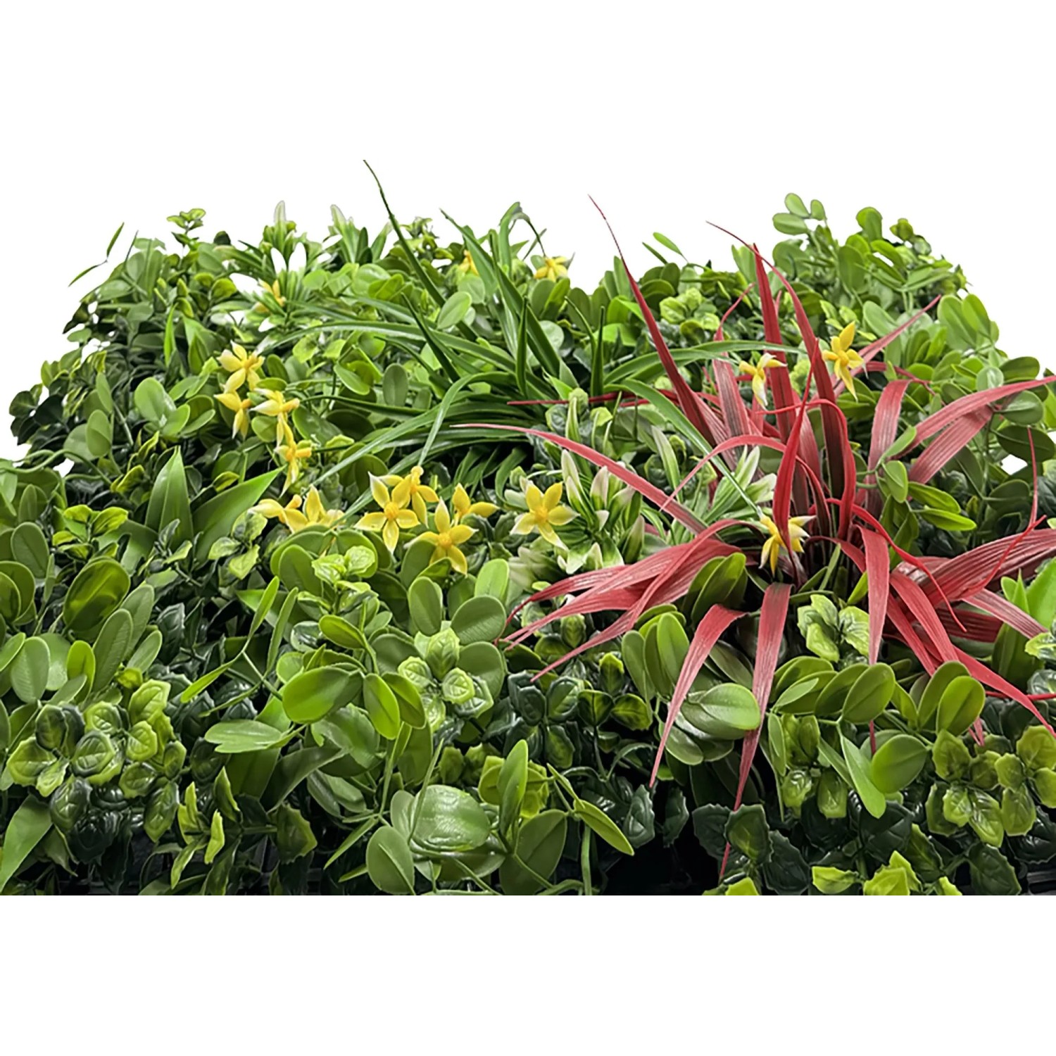 Dekor-Paneel JanglModular Flora mit grünen Blättern, gelben Blüten und roten Akzenten für Wandgestaltung.