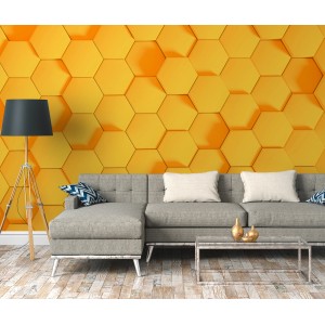 Fototapete mit orangefarbenem Hexagon Muster im Wohnzimmer.