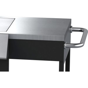 Detailansicht: Gasgrill mit 4 Brennern, Edelstahl-Ablage und Griff.