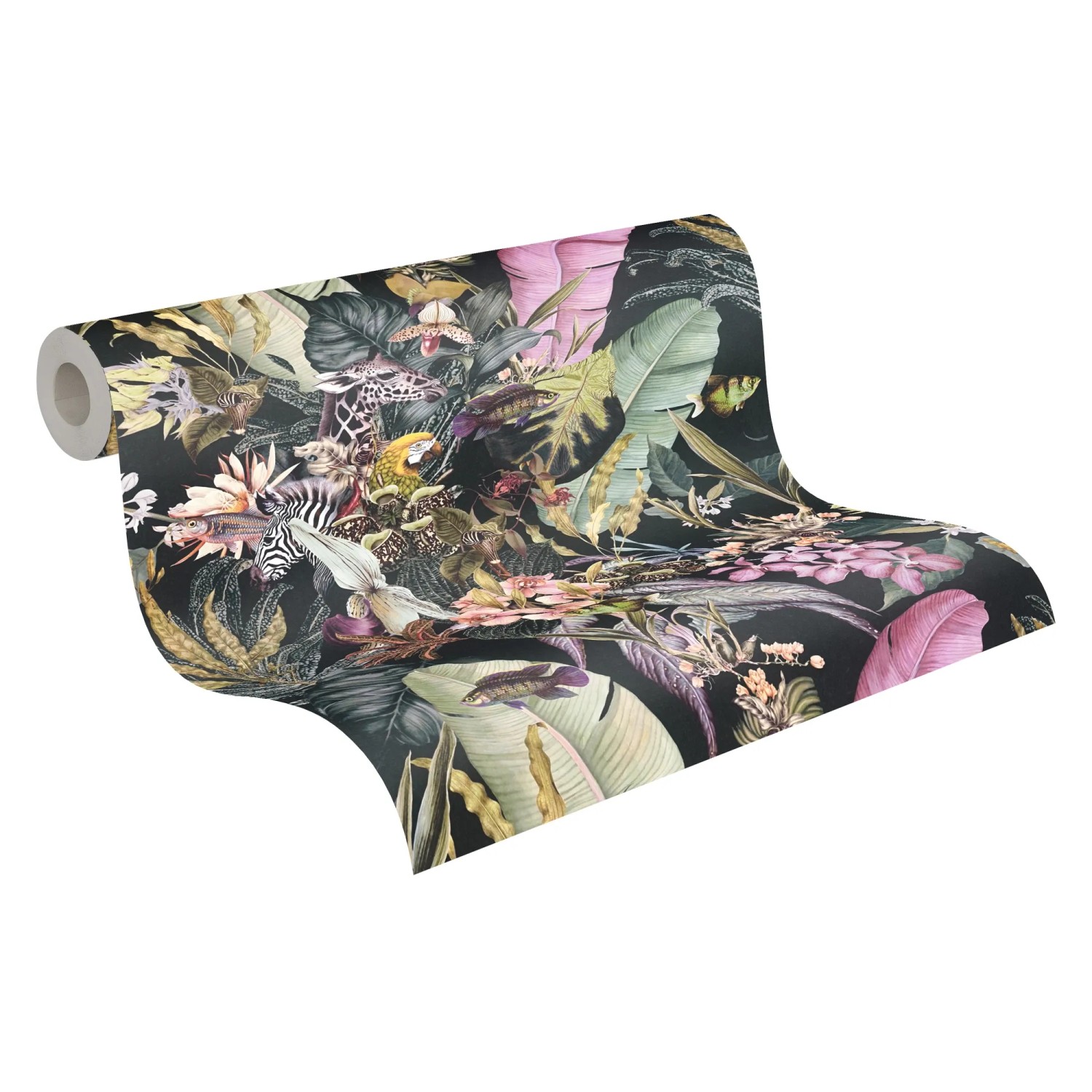 Vliestapete mit Blumen, Tieren, Dschungel-Motiv in Schwarz und Rosa.