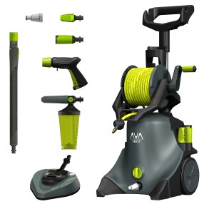 Ava Hochdruckreiniger Smart P60 X-Large V2 mit Zubehör wie Düsen, Schlauch und Schaumkanone.