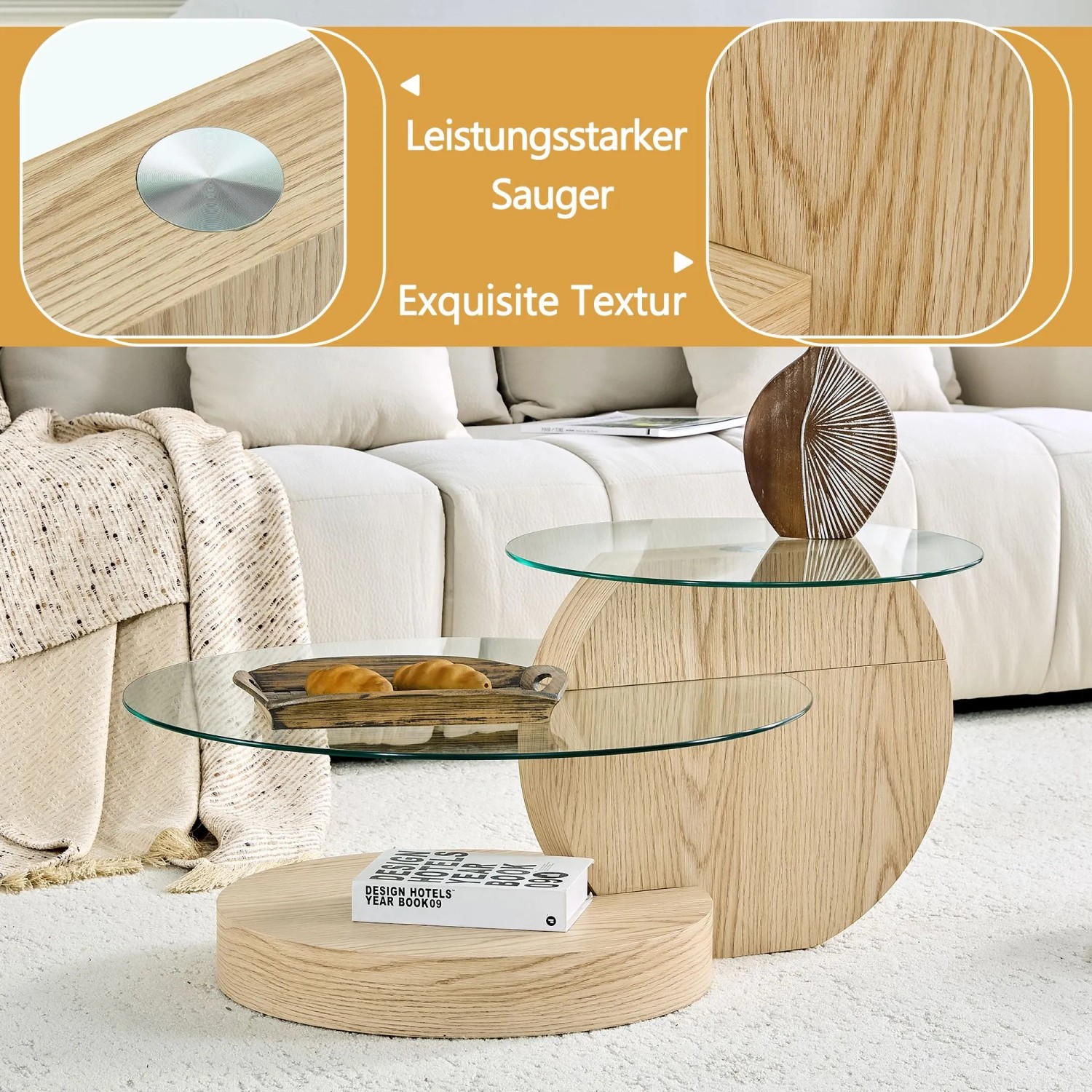 okwish Couchtisch mit Glas und Zwei Ebenen für Wohnzimmer 90x70x44 cm Natur_8