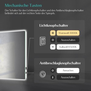 Mechanische Tasten am LED-Badspiegel steuern Lichtfarben (Kaltweiß/Warmweiß) und Anti-Beschlag-Funktion.