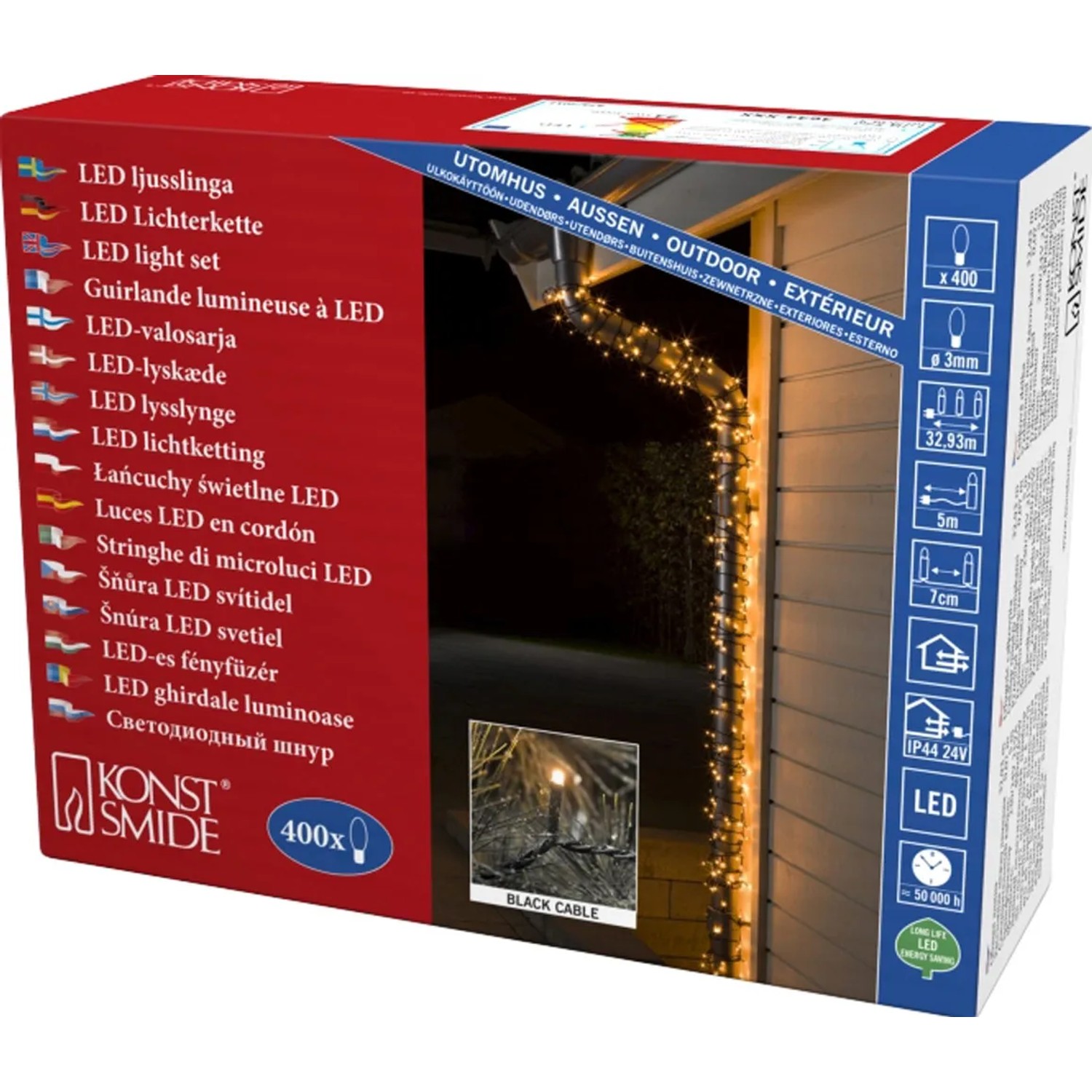 Konstsmide Micro LED Lichterkette, 400 bernsteinfarbene LEDs für innen & außen. Detailaufnahme der Verpackung.