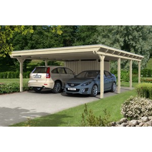 Skan Holz Carport Emsland mit Abstellraum, naturbelassen, für zwei Autos. Doppelcarport aus Holz.