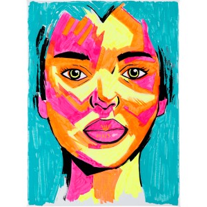 Porträt mit Edding 5000 Acrylmarker in Neongelb, Pink und Türkis gemalt.