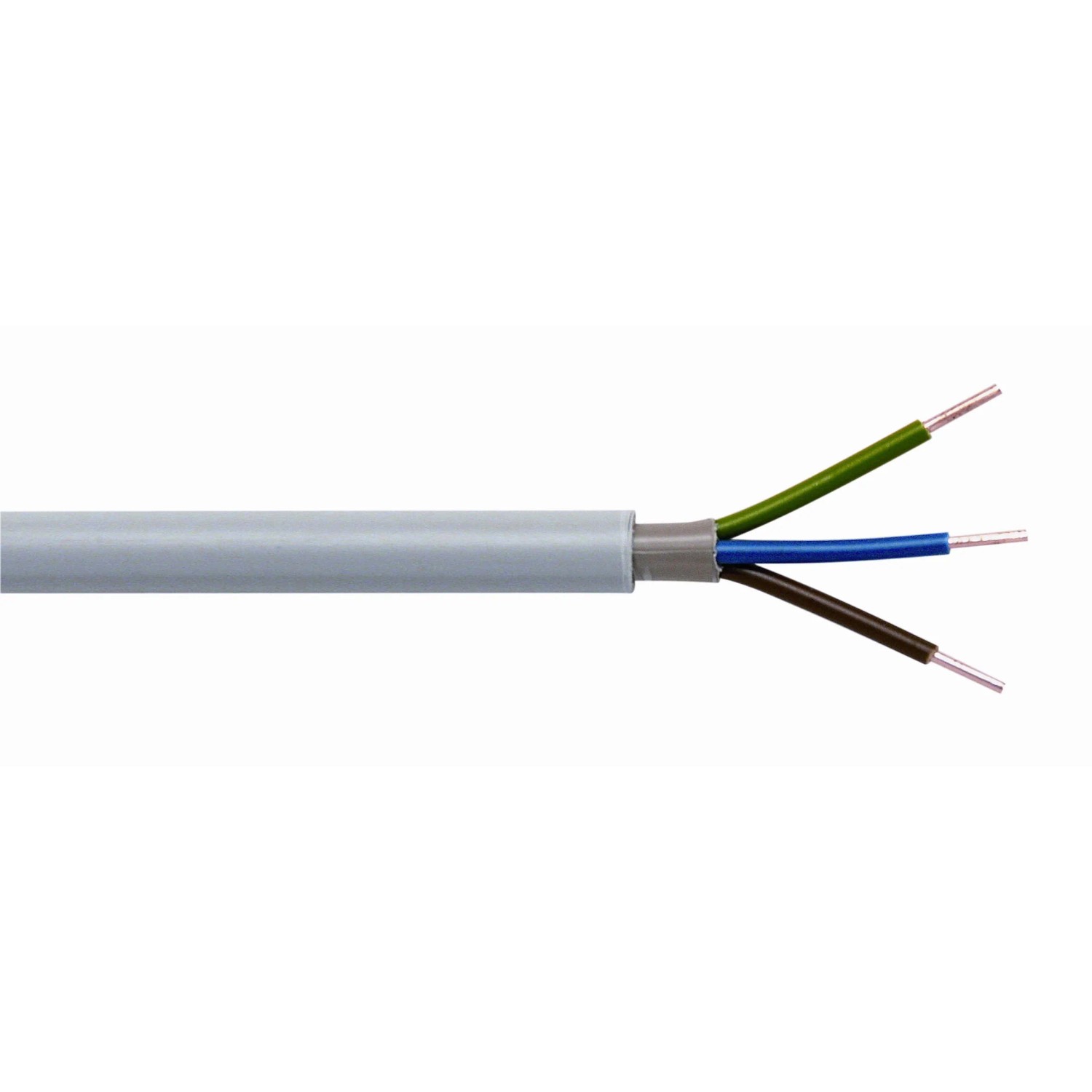 Graue Mantelleitung NYM-J 3x1,5, geeignet für Feuchträume und Installation unter Putz.