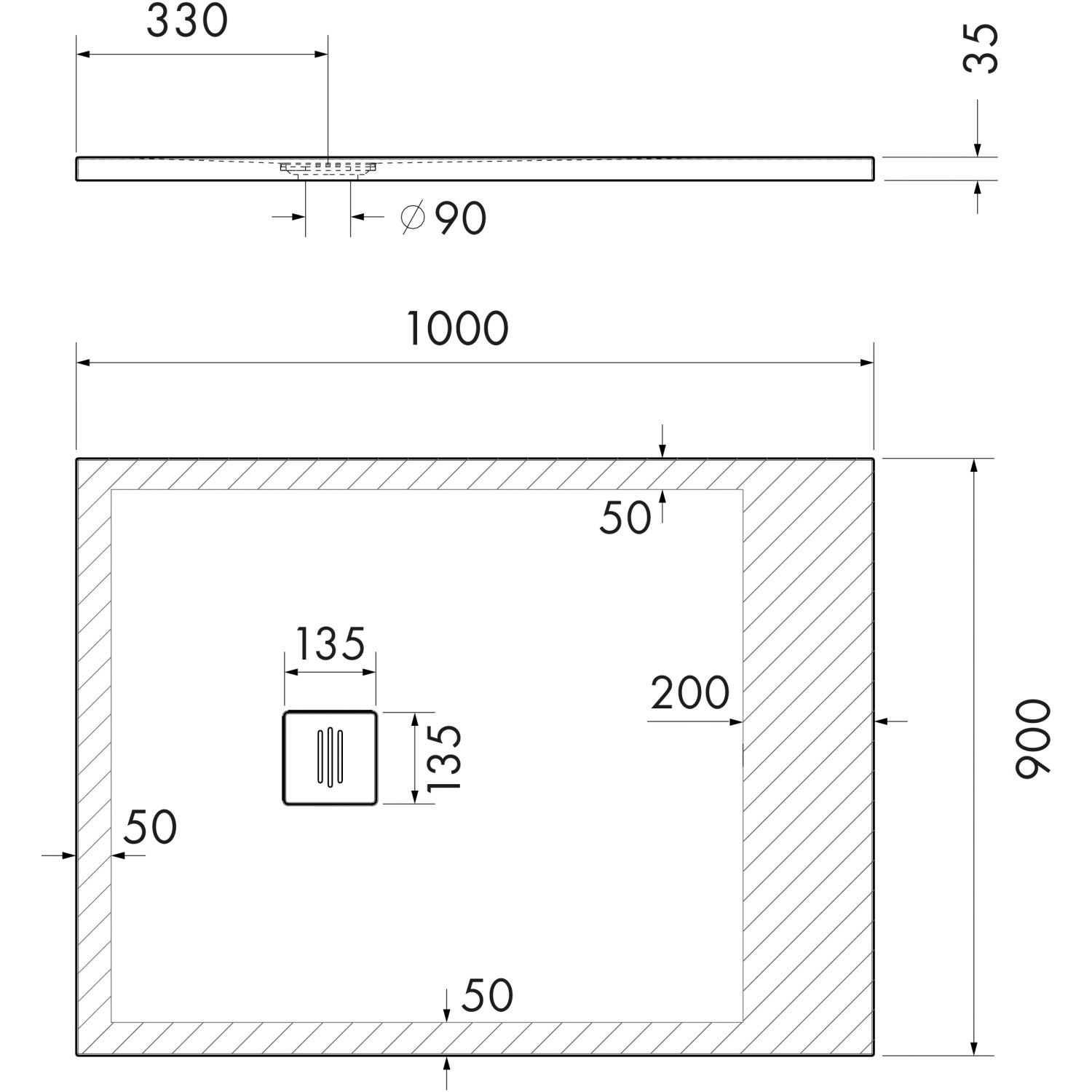 Technische Zeichnung der weißen Ottofond Duschwanne Nevis, 100x90 cm, mit Maßangaben.