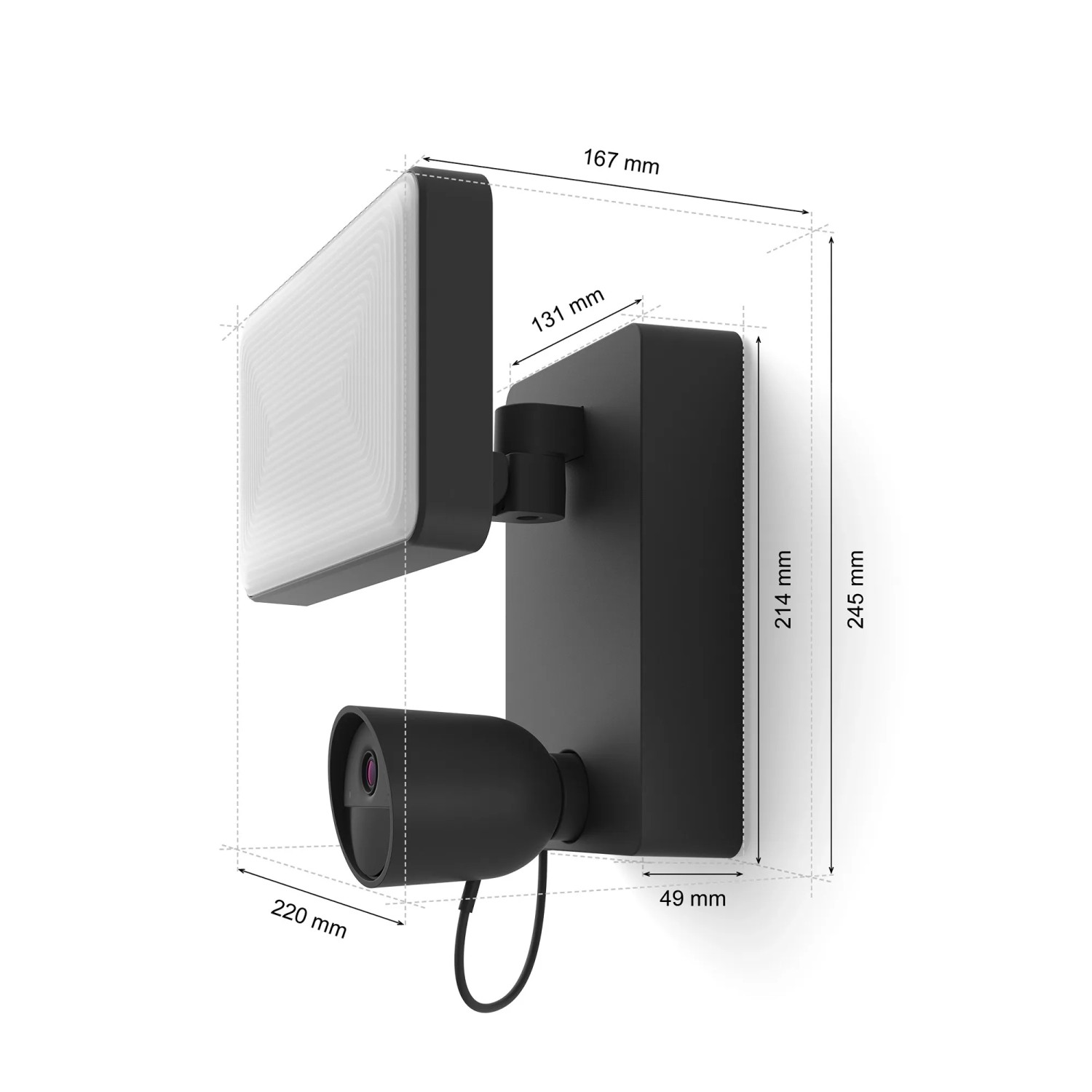Philips Hue Flutlichtkamera Secure, schwarz, mit Maßen. Kameraüberwachung für den Außenbereich.
