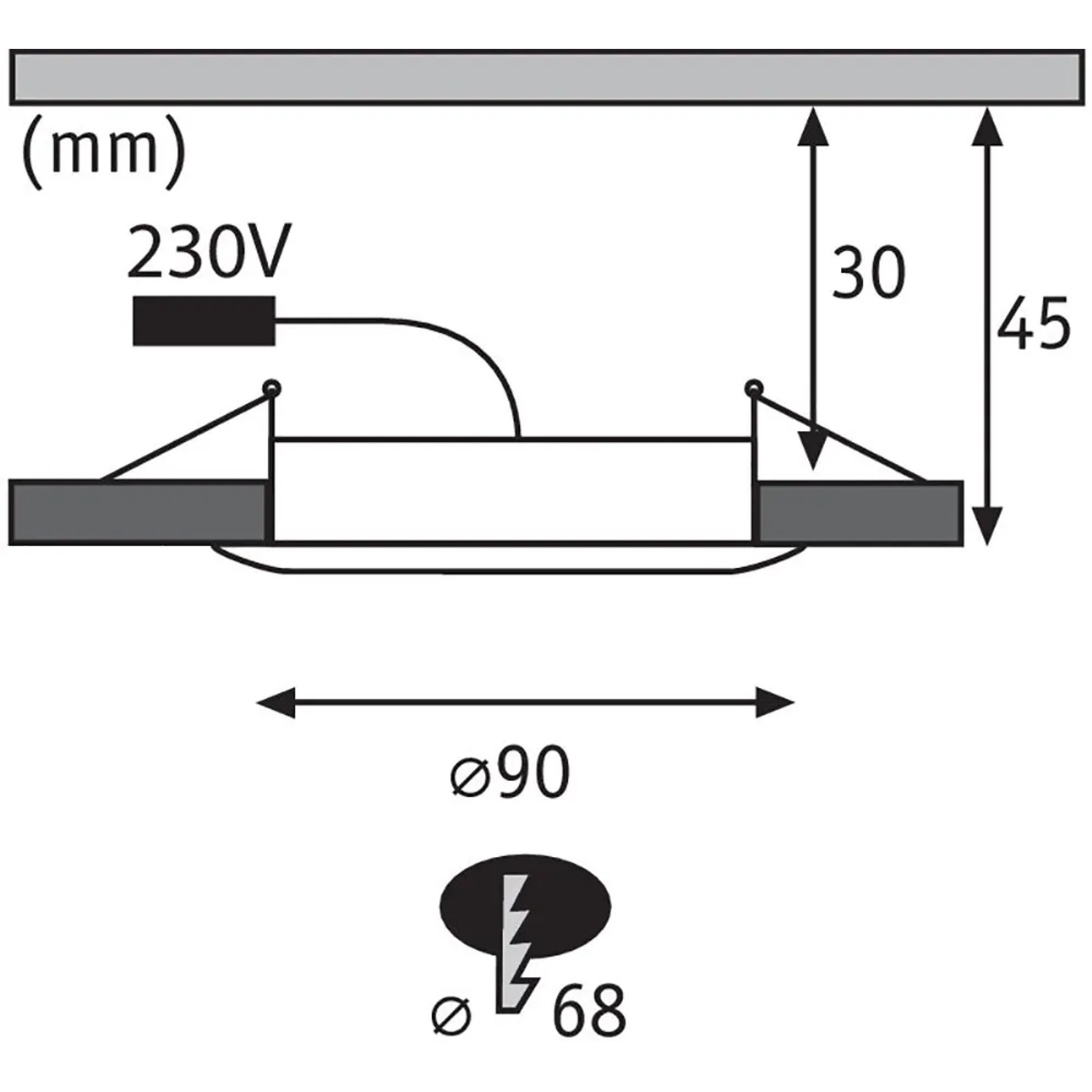 Technische Zeichnung Paulmann LED Einbauleuchte Suon: Maße und Details des Strahlers.