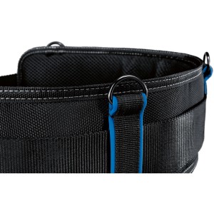 Bosch Professional Werkzeuggürtel 93, Detailansicht des schwarzen Arbeitsgürtels mit blauen Akzenten und D-Ringen.