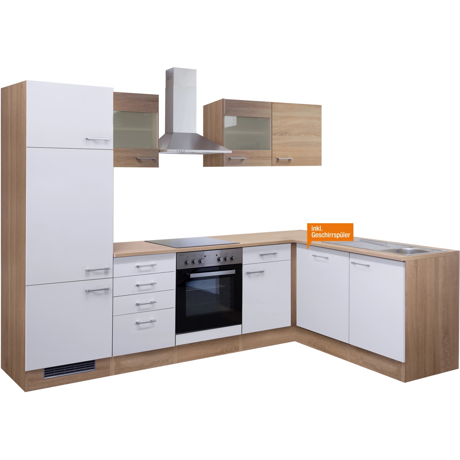 Flex-Well Winkelküche Florida in Sonoma Eiche-Weiß mit E-Geräten und Spüle.