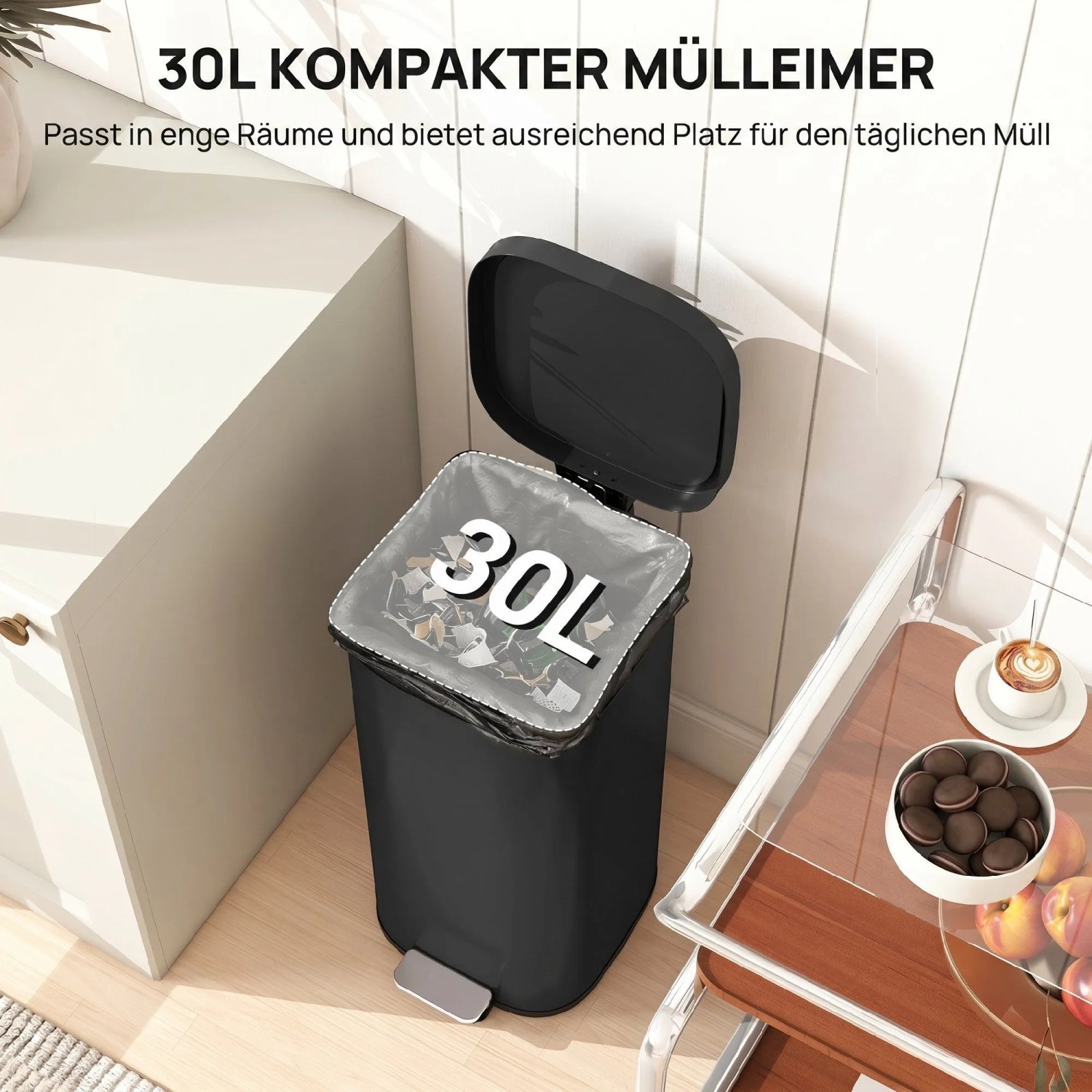 Schwarzer 30L HOMCOM Mülleimer aus Metall mit Fußpedal, offenem Deckel und Müllbeutel. Kompaktes Design für Küche.