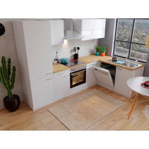 Respekta Winkelküche KBL280WWCGKEG in Weiß und Nussbaum mit E-Geräten und Geschirrspüler.