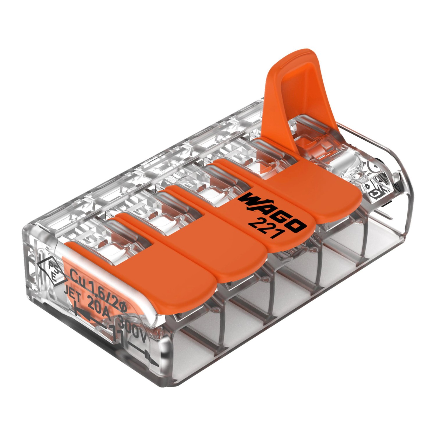Wago Hebelklemme, 25er Pack, transparentes Gehäuse mit orangefarbenen Hebeln für einfache Kabelverbindung.