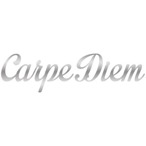 Dekorativer silberner Schriftzug „Carpe Diem“ als Wanddekoration, 70x25 cm.