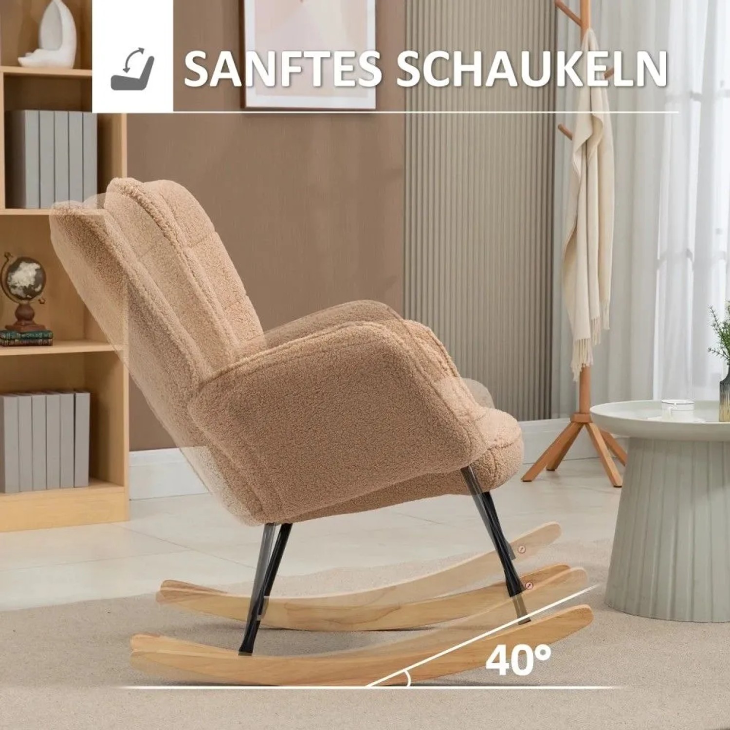 HOMCOM Schaukelstuhl mit beigem Teddy-Stoff, Holzkufen und sanfter Schaukelfunktion (40°). Bequemer Stuhl zum Entspannen.