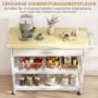 Weißer HOMCOM Küchenwagen mit heller Holzplatte, Schublade, offenen Regalen und Rollen. Praktische Küchenaufbewahrung.