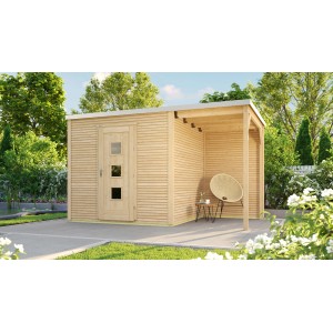Weka Holz-Gartenhaus wekaLine 413 A, naturbelassen mit Anbau und Flachdach. Ideal als Gerätehaus oder Gartenpavillon.