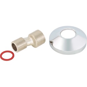 Gewinde-S-Anschluss (R 1/2 x R 3/4) aus Messing verchromt mit Rosette und Dichtung.