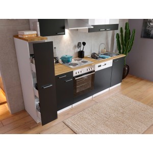 Respekta Küchenzeile KB250WS in Schwarz-Weiß mit E-Geräten und Nussbaum-Arbeitsplatte.