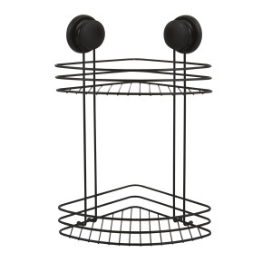 MSV Eck-Duschregal Mega Ventouses, mattschwarz, Stahl, mit zwei Ablageflächen und Saugnapf-Befestigung.