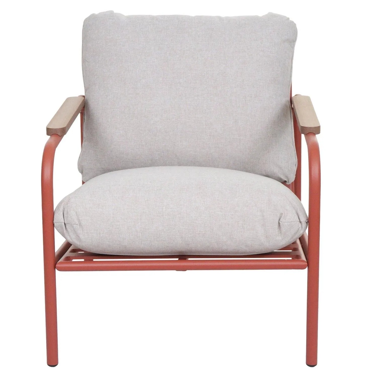 MCW Gartensessel O11 mit Textilpolster in Terrakotta und Beige.