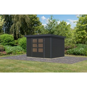 Karibu Gartenhaus Diego 4 C, anthrazitfarbenes Holzhaus mit Doppeltür und Fenster