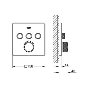 Grohe Grohtherm SmartControl Thermostat, Moon White, eckig, mit 3 Absperrventilen und Maßangaben.