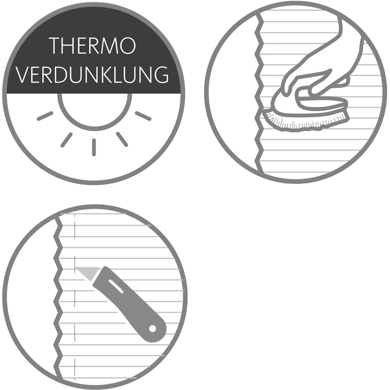 Schöner Wohnen Thermo-Plissee: Symbole für Verdunklung, Reinigung und Kürzbarkeit.