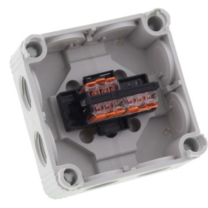 Grauer Wiska Abzweigkasten 85x85x51mm mit Wago Klemmen für Feuchtraum & Außenbereich.