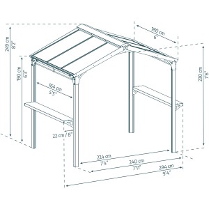 Technische Zeichnung: Palram Canopia Austin BBQ Pavillon, 249x284x180 cm, schwarz, mit Maßen.