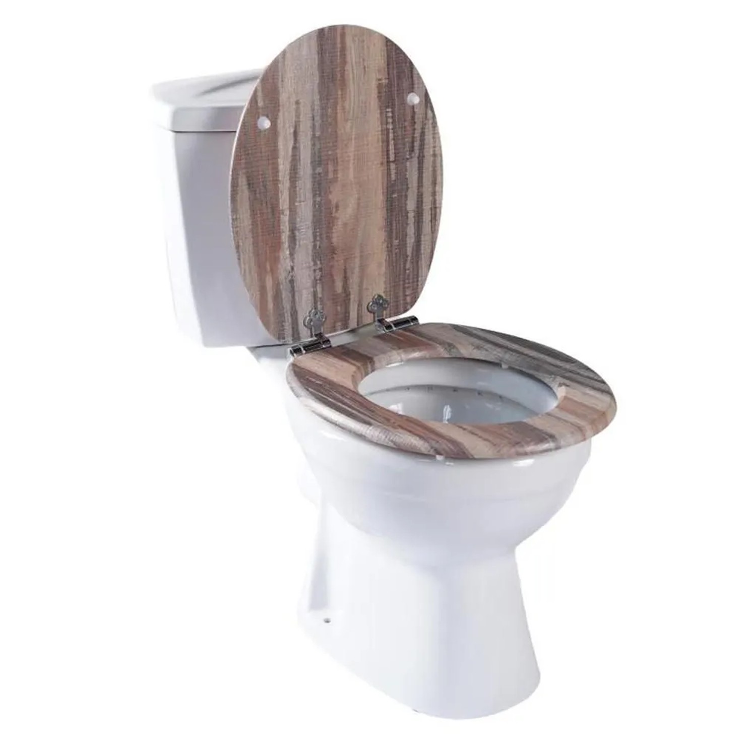 WC-Sitz mit Absenk-Automatik, Vintage Holzdekor, auf weißer Toilette, Deckel offen.