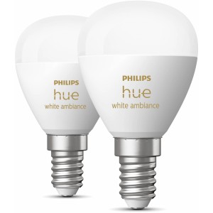 Zwei Philips Hue E14 LED-Lampen, White Ambiance, Tropfenform im 2er-Pack.