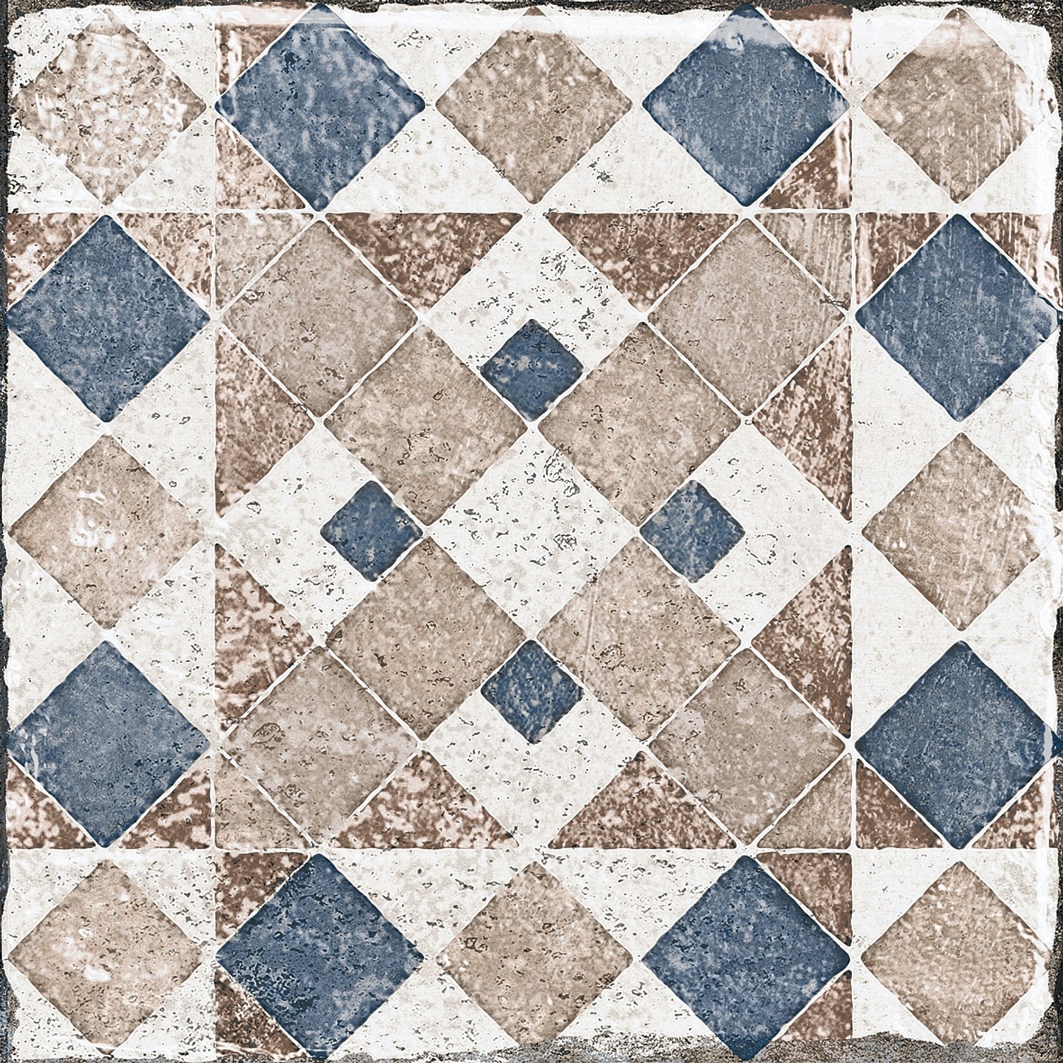 Dekorative, matte Bodenfliese aus Feinsteinzeug, 20x20 cm, mit blau-braunem Rautenmuster.