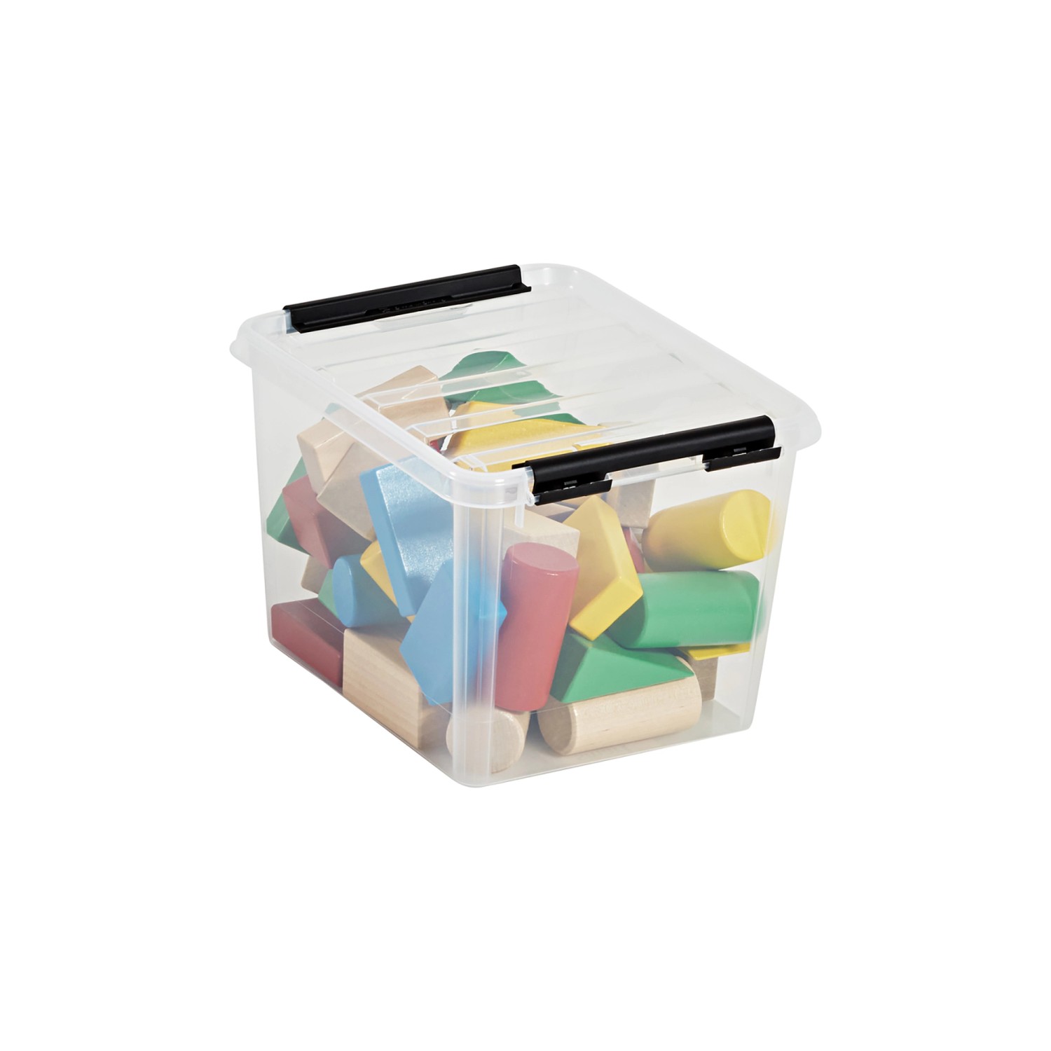 Transparente SmartStore Aufbewahrungsbox Classic 3 l mit bunten Bauklötzen.